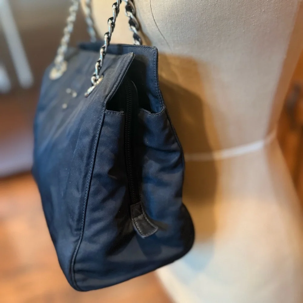 Prada Black Nylon Shoulder Bag w/ Silver and  Saffiano Black Leather Chain Strap - Picture 4 of 12